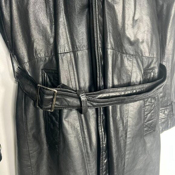 Vintage 90s Saxony Black Leather Oversized Belted Mid Trench Coat Jacket Women - Picture 5 of 16